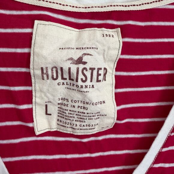 Y2K Hollister Pink White Stripe 1/2 Sleeve V-Neck Tee Womens L Vintage 2000s - Picture 3 of 6